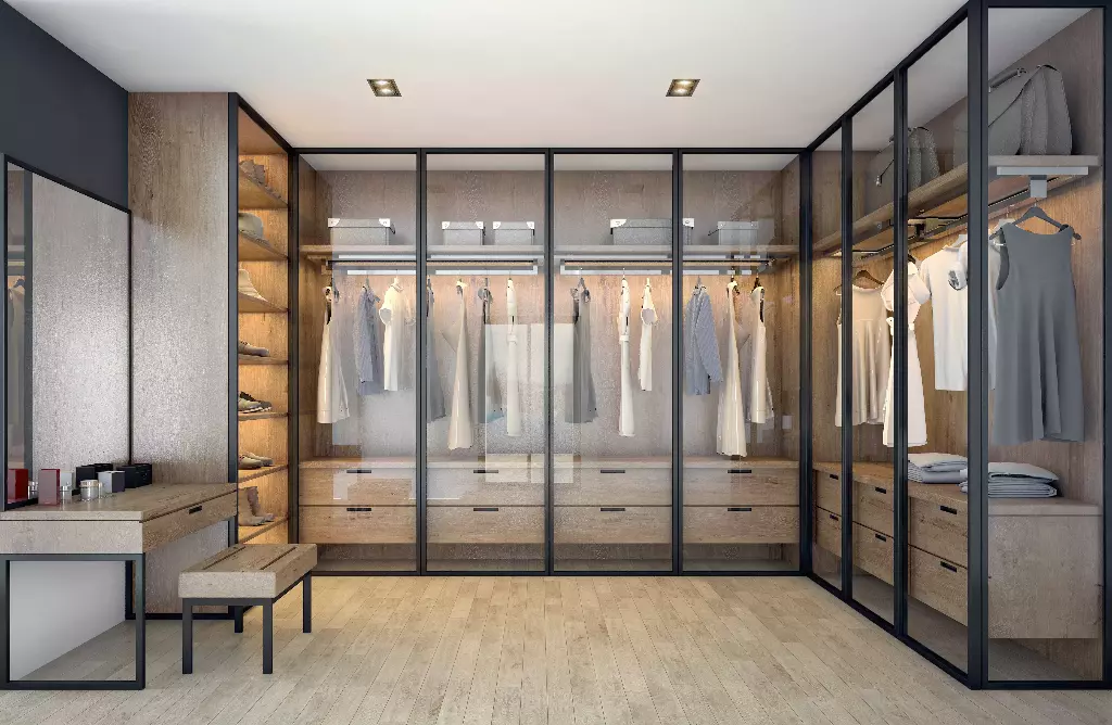 vestidor en U con puertas de cristal